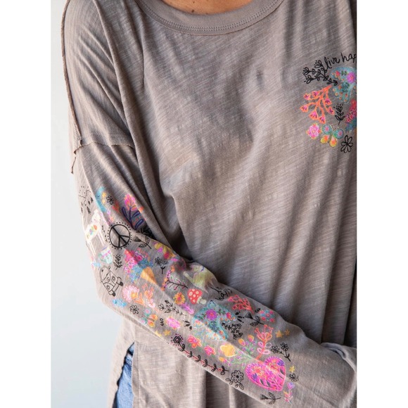 NATURAL LIFE Tops - Natural Life Cotton Doodle Tee Ash Tan Oversized Boho Long Sleeve Top Large